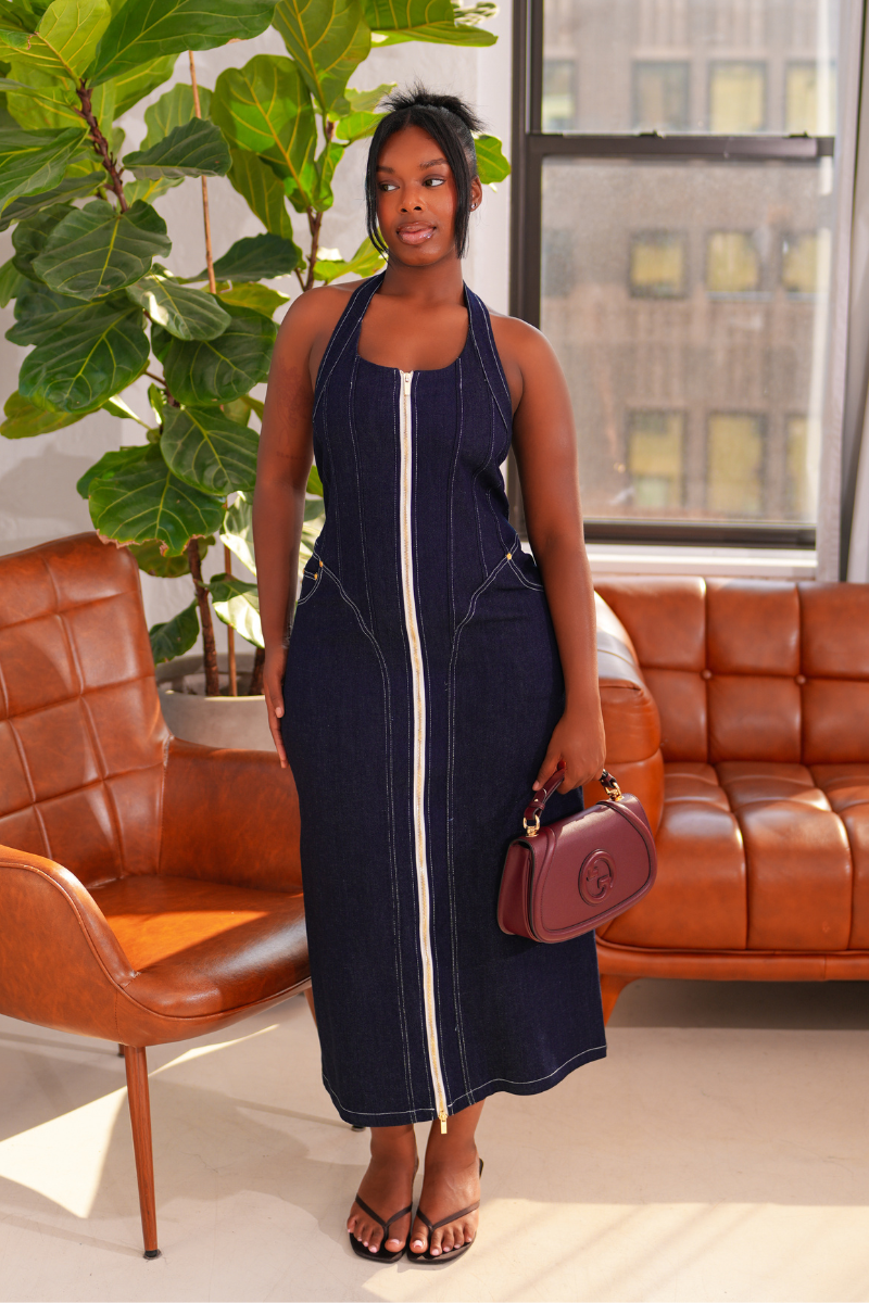 Indigo Zip Front Dress