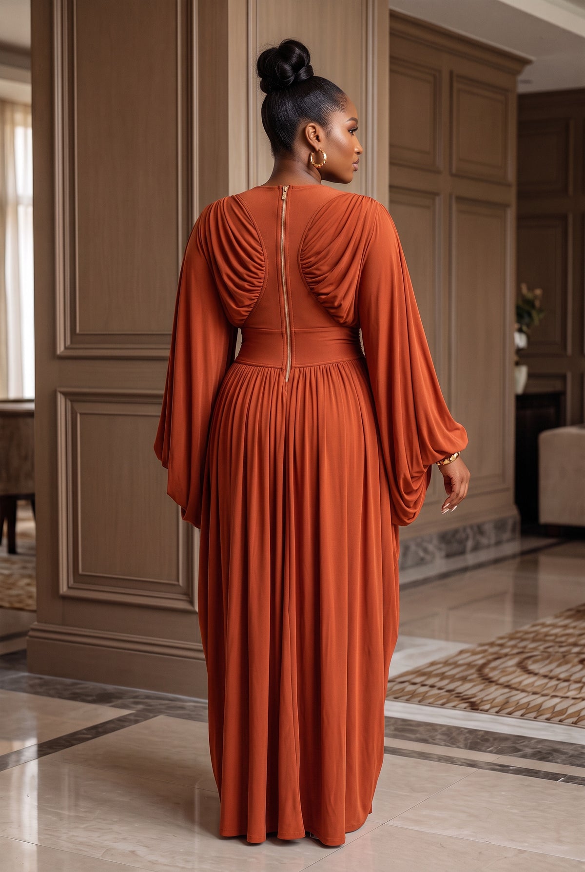Change the model’s pose to an elegant back view, showing the back of the dress clearly. The model should stand naturally with a graceful posture, slightly turning her head to the side. Highlight the back design, fit, fabric, and silhouette of the dress. Preserve the exact original dress, model identity, hairstyle, body proportions, background, image quality, sharpness, resolution, lighting, and original colors. Do not modify or redesign the garment. Keep the same photorealistic quality and color grading. Ch