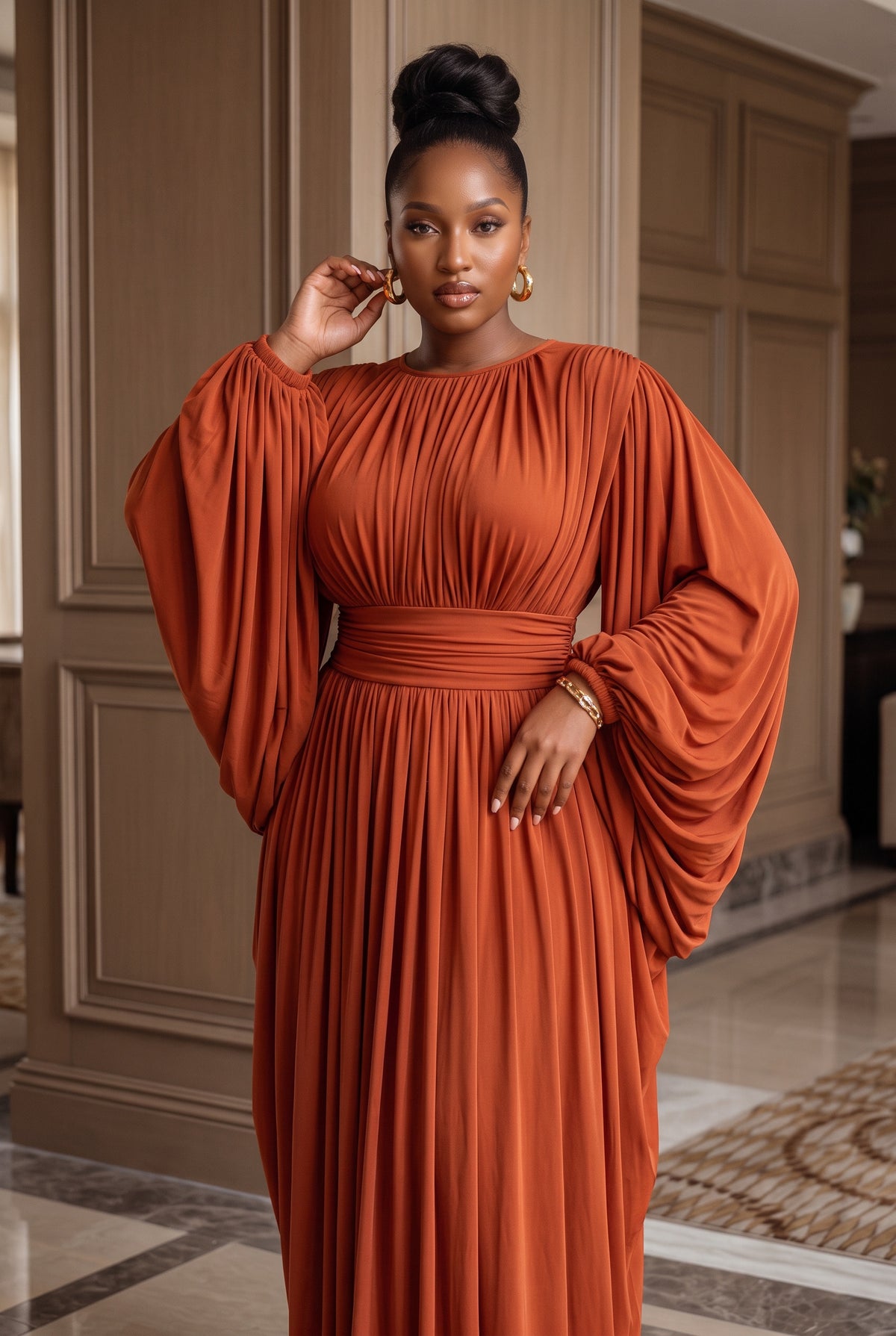 Change the model’s pose to a new, elegant, and natural fashion pose that beautifully showcases the dress and its details. Move the camera closer to the model so the photographer can capture the dress’s fabric, patterns, stitching, cut, and finishing details clearly. The new pose must be different from the original pose while keeping the model looking natural and professional.

Preserve the exact original dress, including its color, fabric, pattern, length, cut, and all design details. Do not redesign or mod