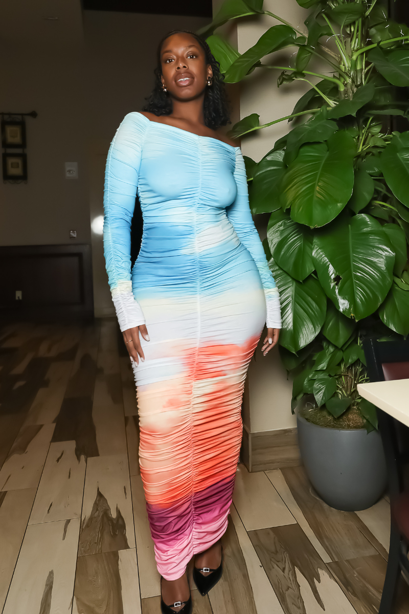 Sunset Cloud Ombre Ruched Maxi Dress