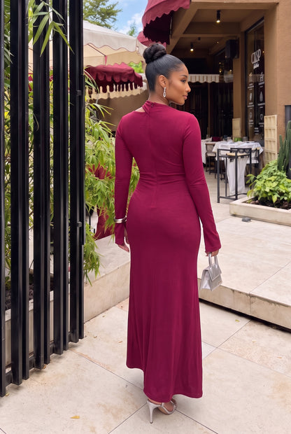 Change the model’s pose to an elegant back view, showing the back of the dress clearly. The model should stand naturally with a graceful posture, slightly turning her head to the side. Highlight the back design, fit, fabric, and silhouette of the dress. Preserve the exact original dress, model identity, hairstyle, body proportions, background, image quality, sharpness, resolution, lighting, and original colors. Do not modify or redesign the garment. Keep the same photorealistic quality and color grading. Ch