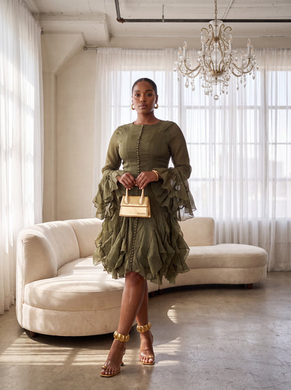 Olive Ruffle Sleeve Midi Dress