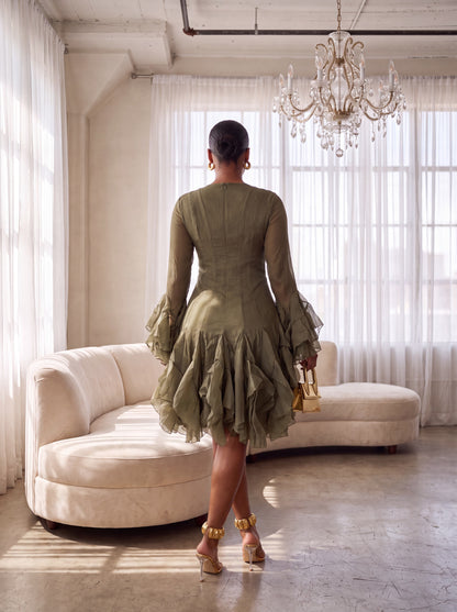 Olive Ruffle Sleeve Midi Dress