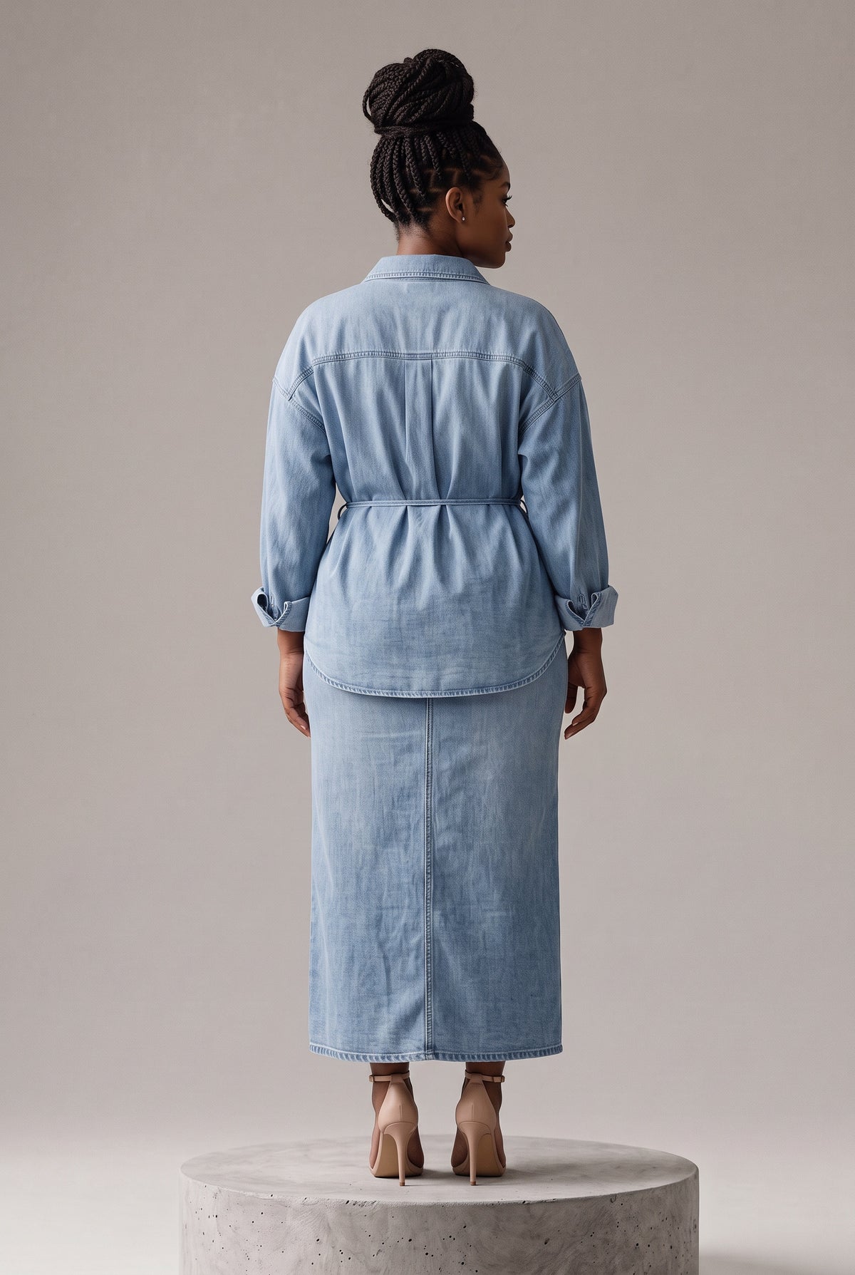 Change the model’s pose to an elegant back view, showing the back of the dress clearly. The model should stand naturally with a graceful posture, slightly turning her head to the side. Highlight the back design, fit, fabric, and silhouette of the dress. Preserve the exact original dress, model identity, hairstyle, body proportions, background, image quality, sharpness, resolution, lighting, and original colors. Do not modify or redesign the garment. Keep the same photorealistic quality and color grading. Ch